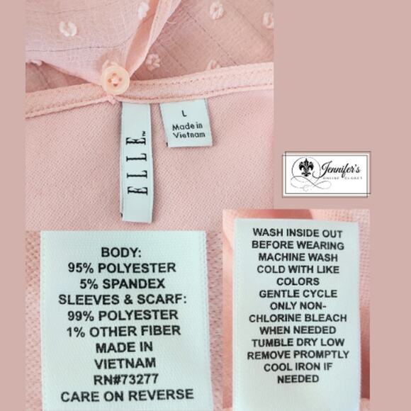 Elle Women's Pink Sheer Swiss Dot Long Sleeve Blouse with Scarf Size L - Picture 13 of 15